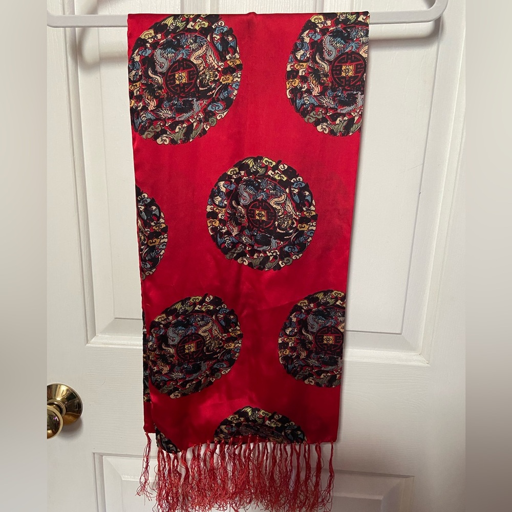 Chinese Imperial Dragon Medallion Red Silk Fringed Scarf
